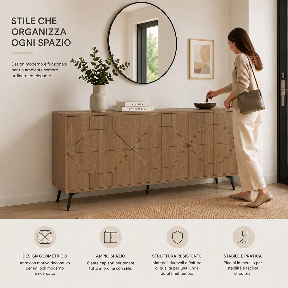 Madia con 6 Ante Credenza Design Geometrico Moderno in Legno 184x77 cm Rovere