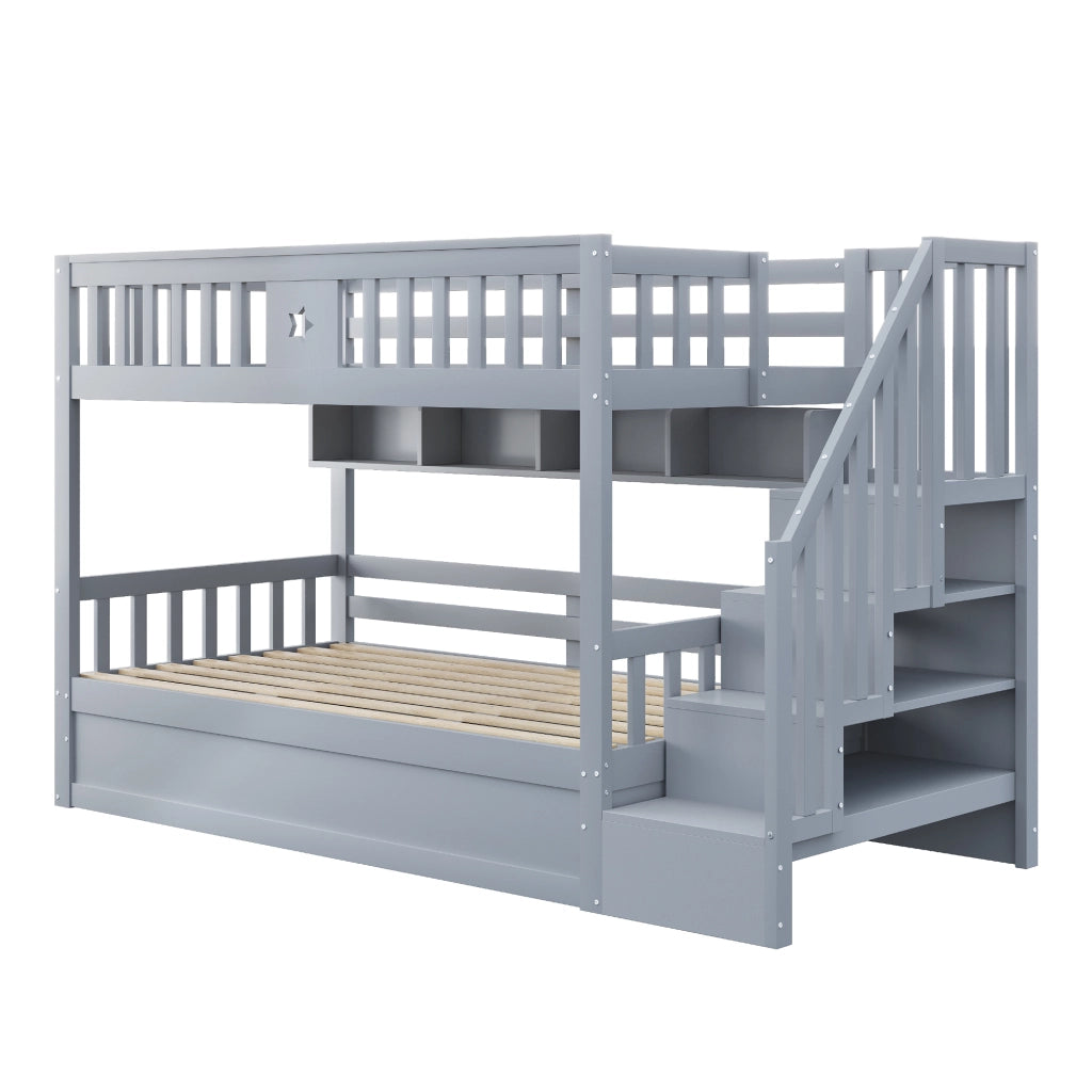 Letto a Soppalco 90x200 cm; Contenitore; Ripiani; Scala con vani; in Legno; Grigio