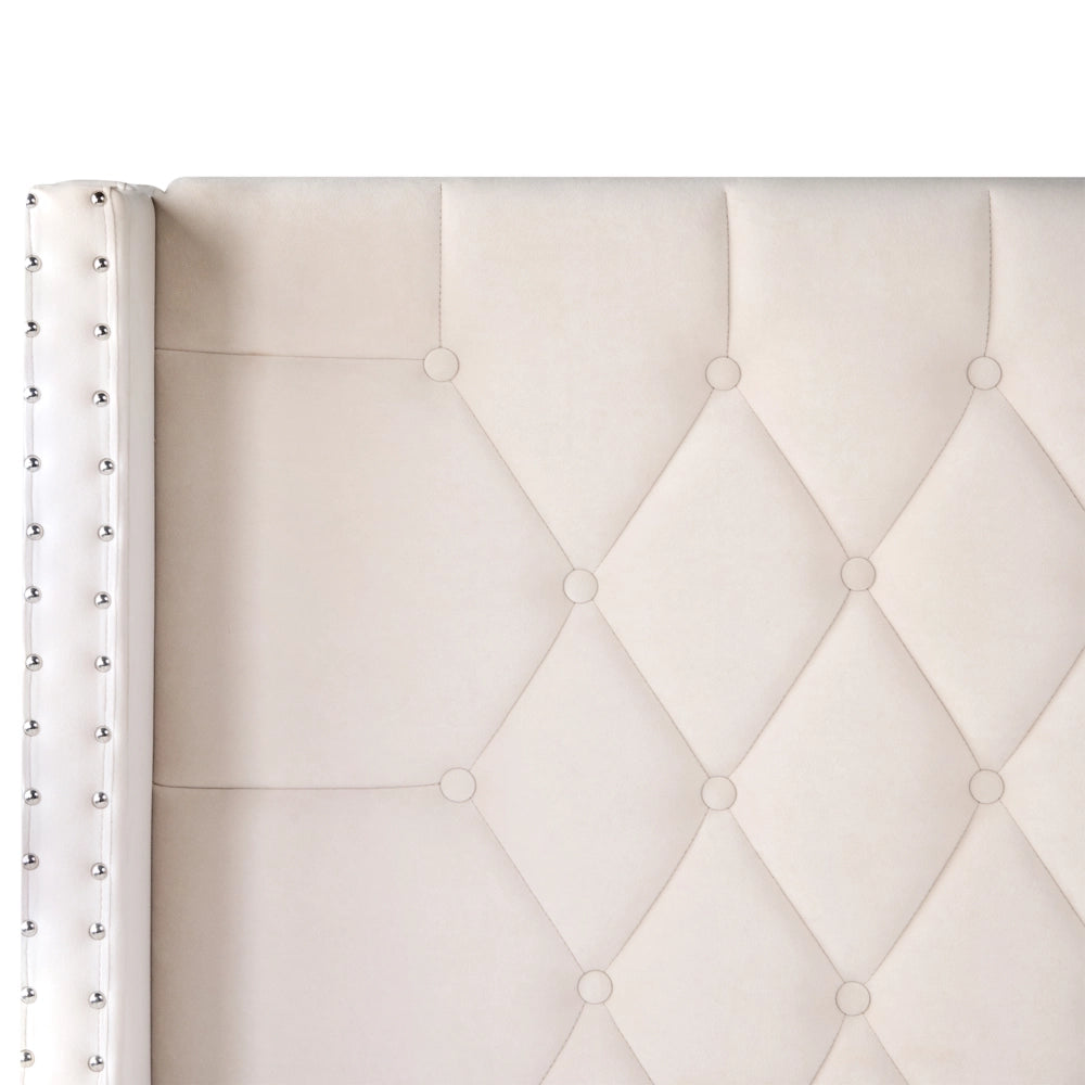 Letto matrimoniale a doghe velluto bianco sporco imbottito trapuntato poggiatesta 140 x 200 cm stile glamour elegante