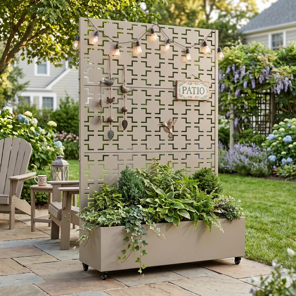Fioriera con Spalliera Aaskis a Rotelle in Acciaio 190 x 120 x 38 cm - Beige casa.pro