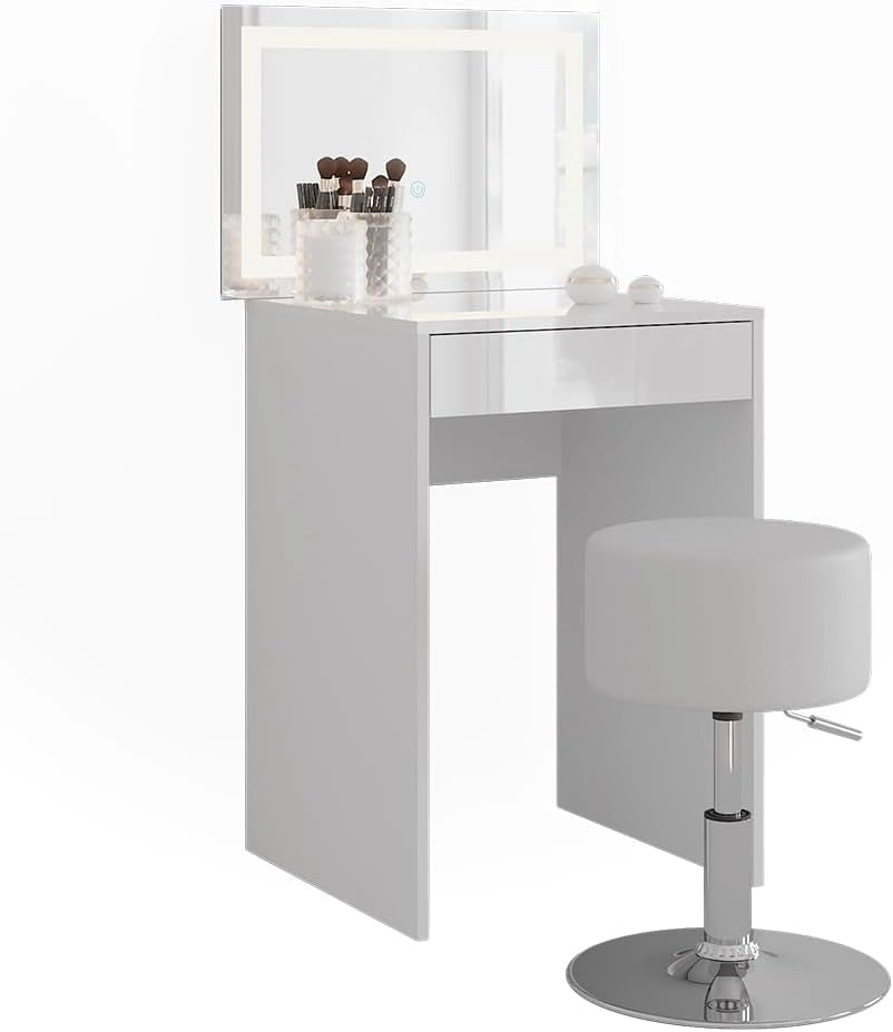 Tavolo da toeletta Sherry, Bianco/bianco lucido, 51.4 cm con specchio LED e sgabello