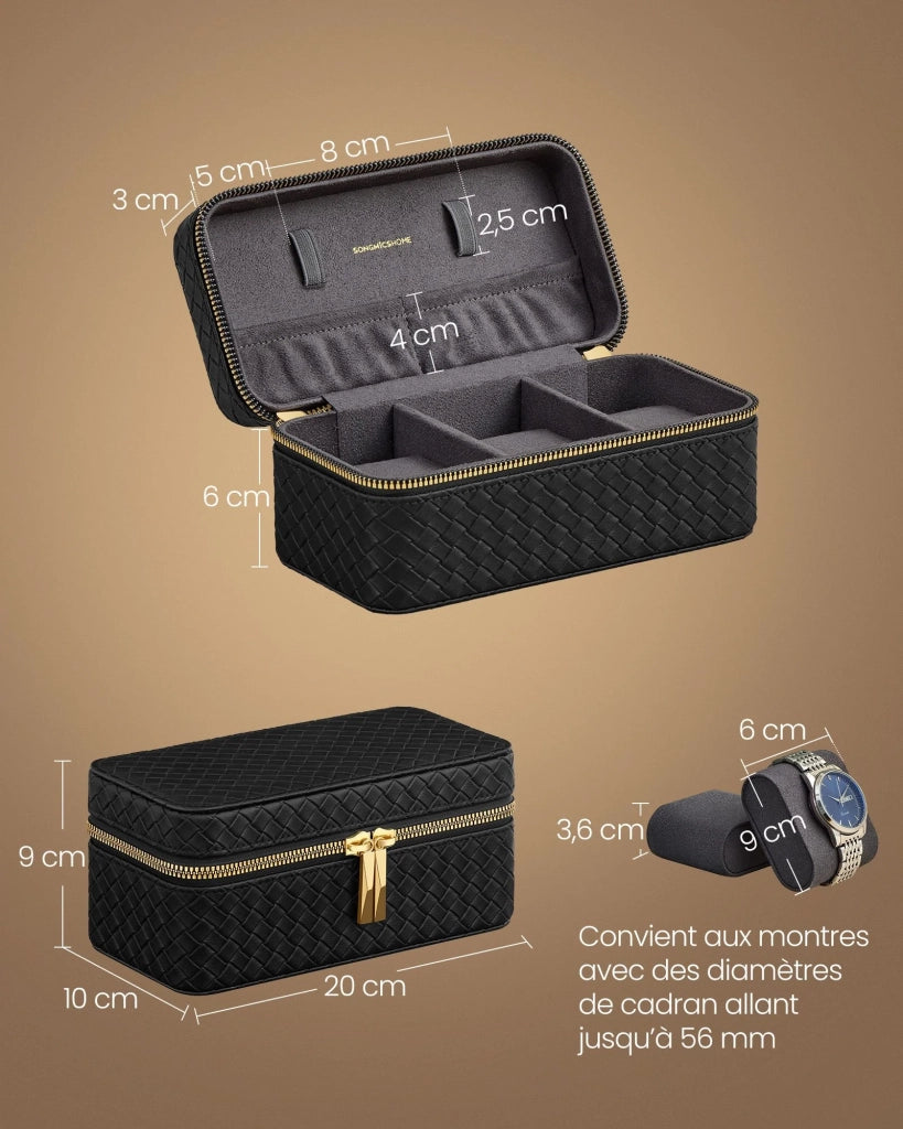 Custodia da viaggio per 3 orologi scatola porta orologi in PU goffrato intrecciato 10 x 20 x 9 cm nero 12_0006088