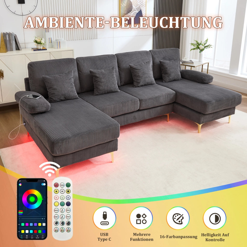 Divano panoramico a U con LED, Porta USB e Schienale Ergonomico, in Velluto, Grigio, 265 × 135 × 88 cm