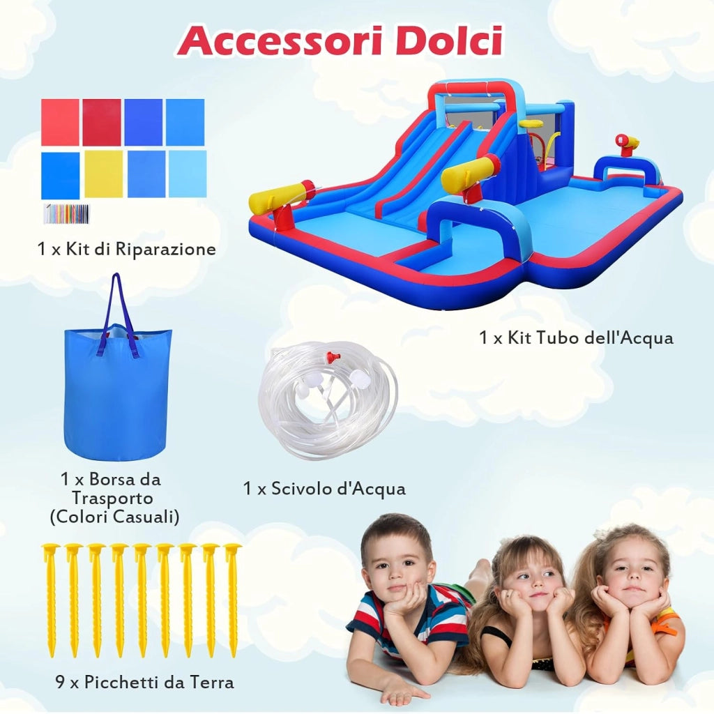Parco Gonfiabile Scivolo d'Acqua, Grande Castello Gonfiabile con Doppio Scivolo, Piscina d'Acqua, Area Salto, Parete Arrampicata, Canestro da Basket e 3 Cannoni d'Acqua, 646 x 418 x 211 cm