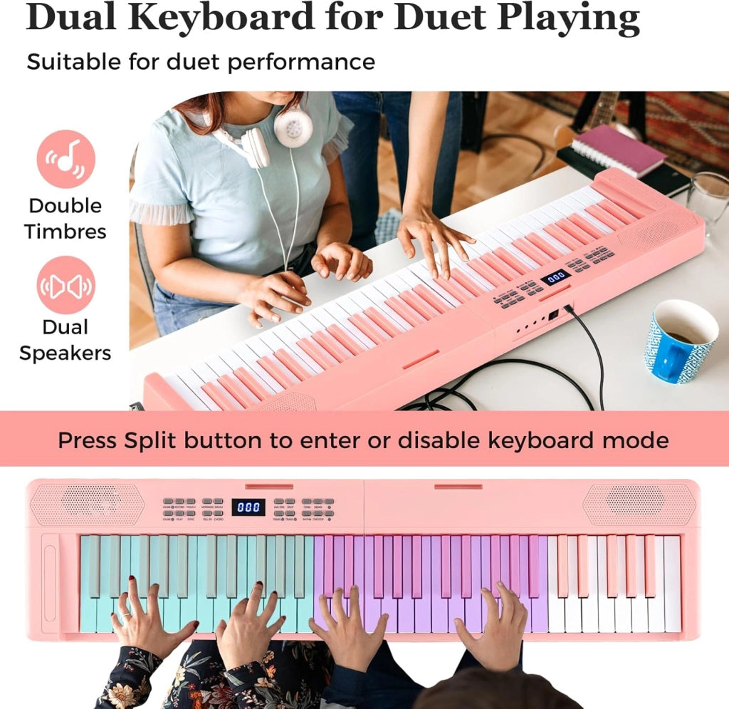 Pianoforte digitale pieghevole a 61 tasti, tastiera con auricolari, pedale, leggio, pianoforte digitale con 128 suoni e ritmi, tastiera per pianoforte con tasca (rosa)