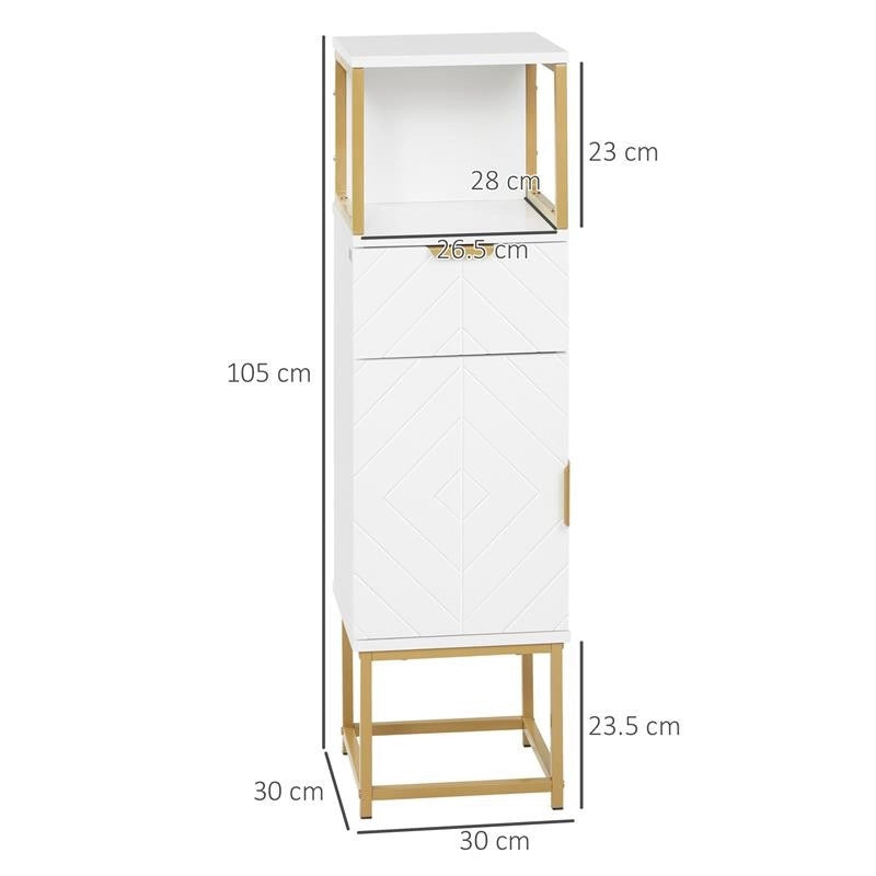 MOBILE COLONNA BAGNO CON CASSETTO, ARMADIETTO E RIPIANO IN LEGNO E METALLO, 30X30X105CM, BIANCO