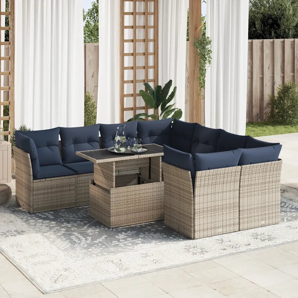 Set Divano da Giardino 9pz con Cuscini Grigio Polyrattan Acacia 3326132