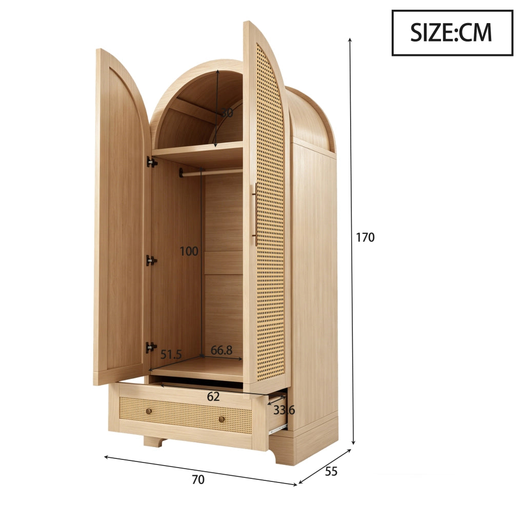 Armadio con 2 ante; 1 grande vano e 2 cassetti; ante effetto rattan; per camera da letto; 70 × 55 × 170 cm