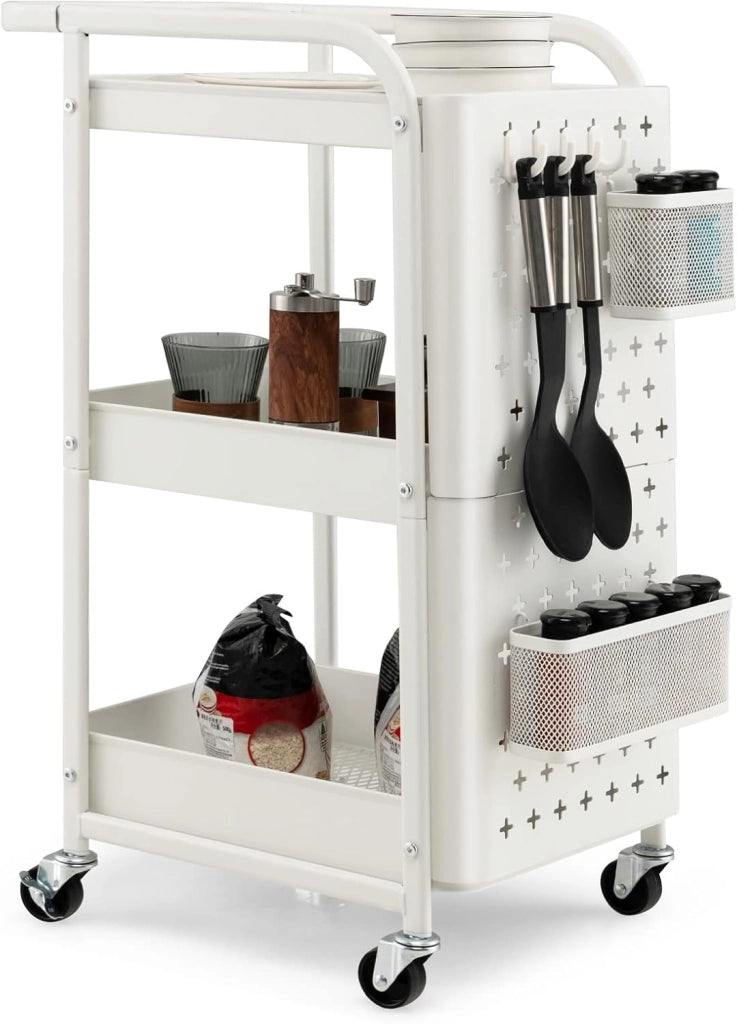 Carrello Mobile in Metallo a 3 Livelli, Carrello con Bordo di Pin, Cestini di Stoccaggio, Ganci, Carrello di Servizio con 4 Ruote, per Cucina, Bagno, Ufficio, 52x33x75cm