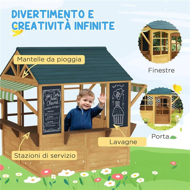 CASETTA PER BAMBINI 3-8 ANNI CON 5 FINESTRE E 2 LAVAGNE IN LEGNO DI ABETE 173X117X144 CM MARRONE E BLU