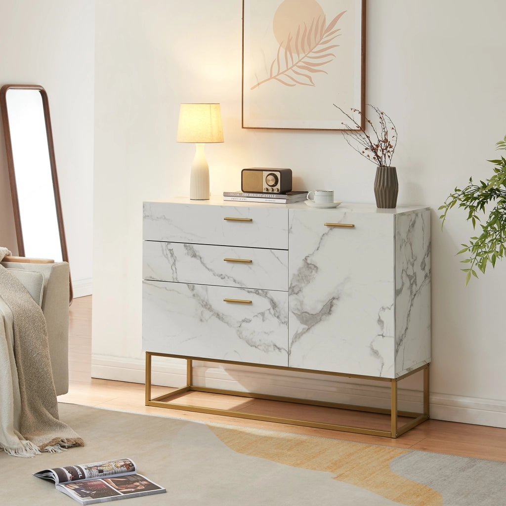 Comò Lavangen con Anta e 3 Cassetti 75 x 100 x 35 cm Dorato / Effetto Marmo Bianco [en.casa]