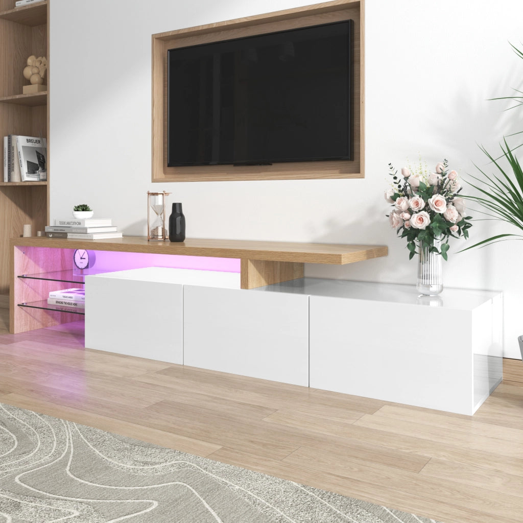 Mobile TV con 3 Ante; Ripiani in Vetro e LED controllato da App per Soggiorno; 197.5 × 39 × 42 cm