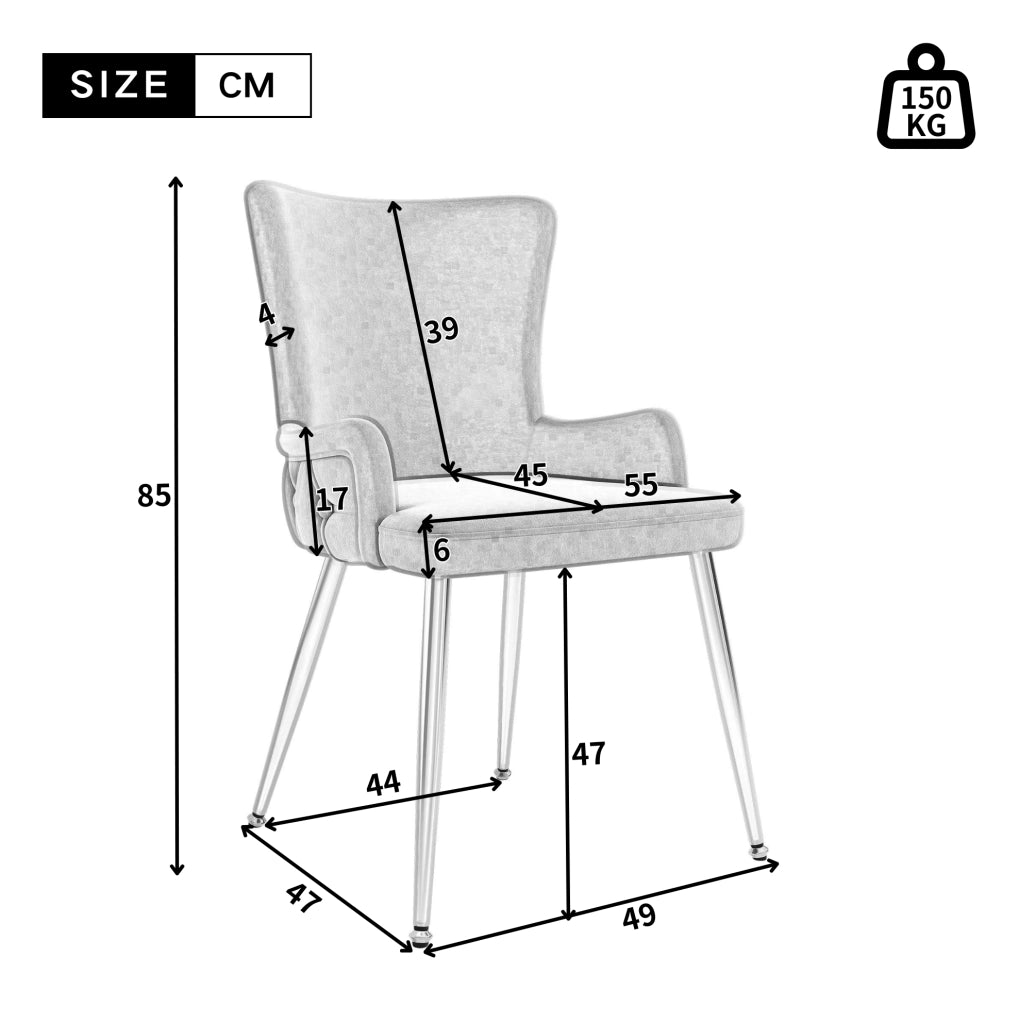 Set di 6 sedie da pranzo in velluto con gambe in metallo; grigio e argento
