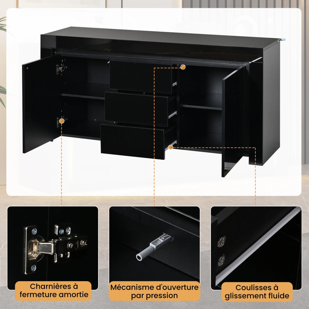 Credenza con LED controllabile tramite app 2 ante 3 cassetti frontale lucido in MDF nero 140 × 40 × 65 cm