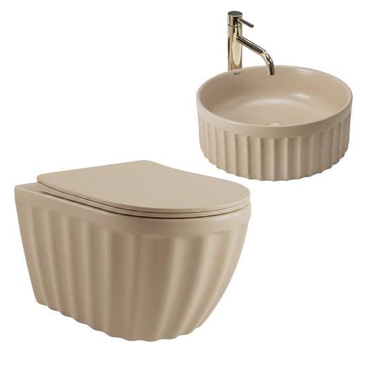 Set: Wc Sospeso + Lavabo Da Appoggio Rea Duo Caffe Latte Matt