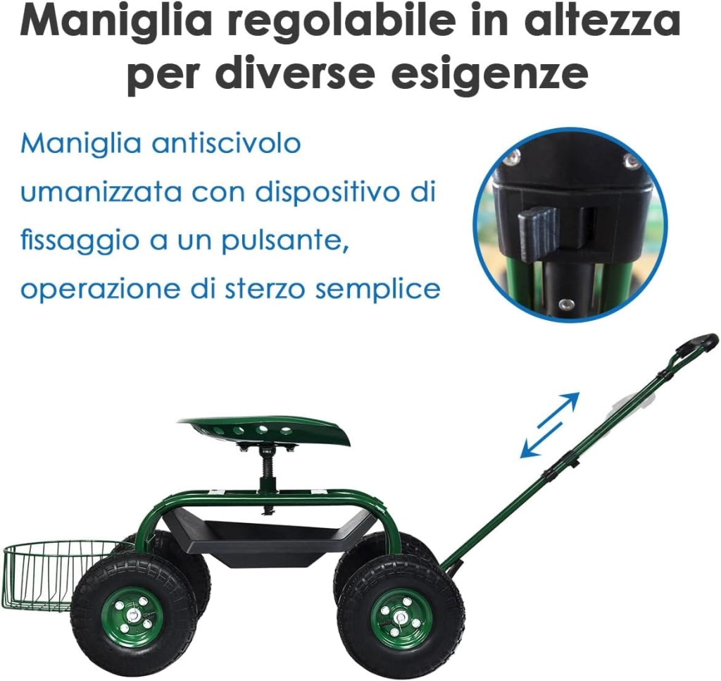 Sgabello per Giardinaggio con Ruote, Sedile da Giardino Regolabile in Altezza con Manico Estensibile, Cesto Portaoggetti, 2 Vassoi e 4 Ruote in Gomma (96,5 x 48,5 x 45,5-54,5 cm)