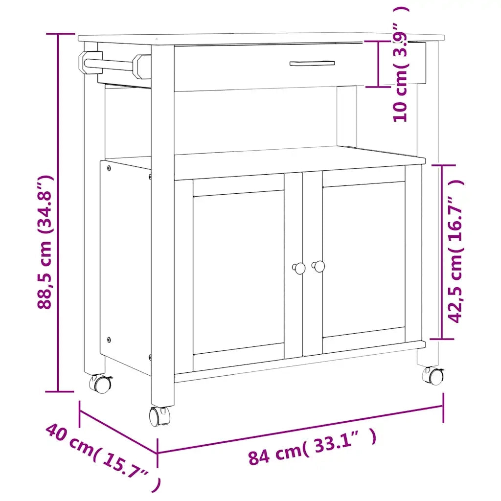 Carrello da Cucina-Scaffale per Cucina MONZA 84x40x88,5 cm in Legno Massello di Pino 502511