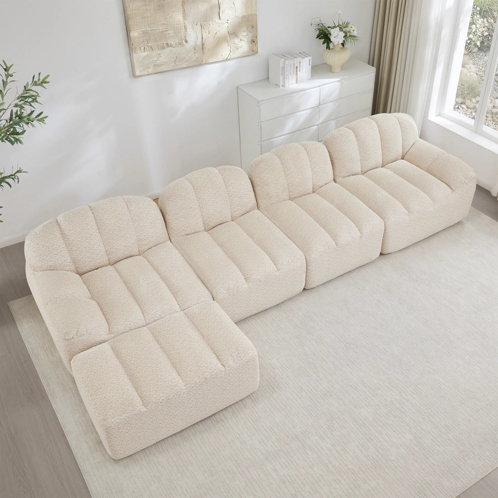 Divano angolare modulare 4 posti con ottomano in fleece granulato per soggiorno beige bianco 366 × 165 × 79 cm