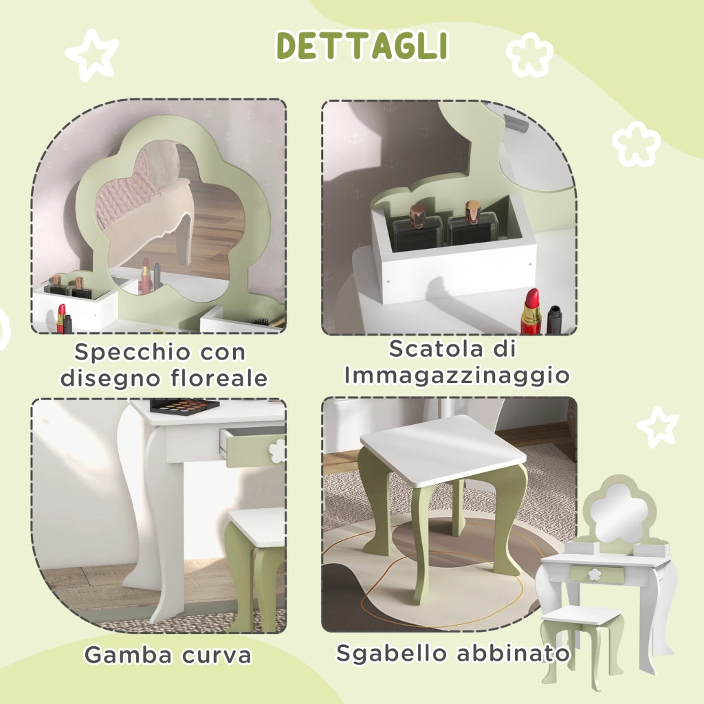 Set Toeletta per Bambina con Specchio e Sgabello ¨C Zephmum ¨C Legno Bianco con Cassetto