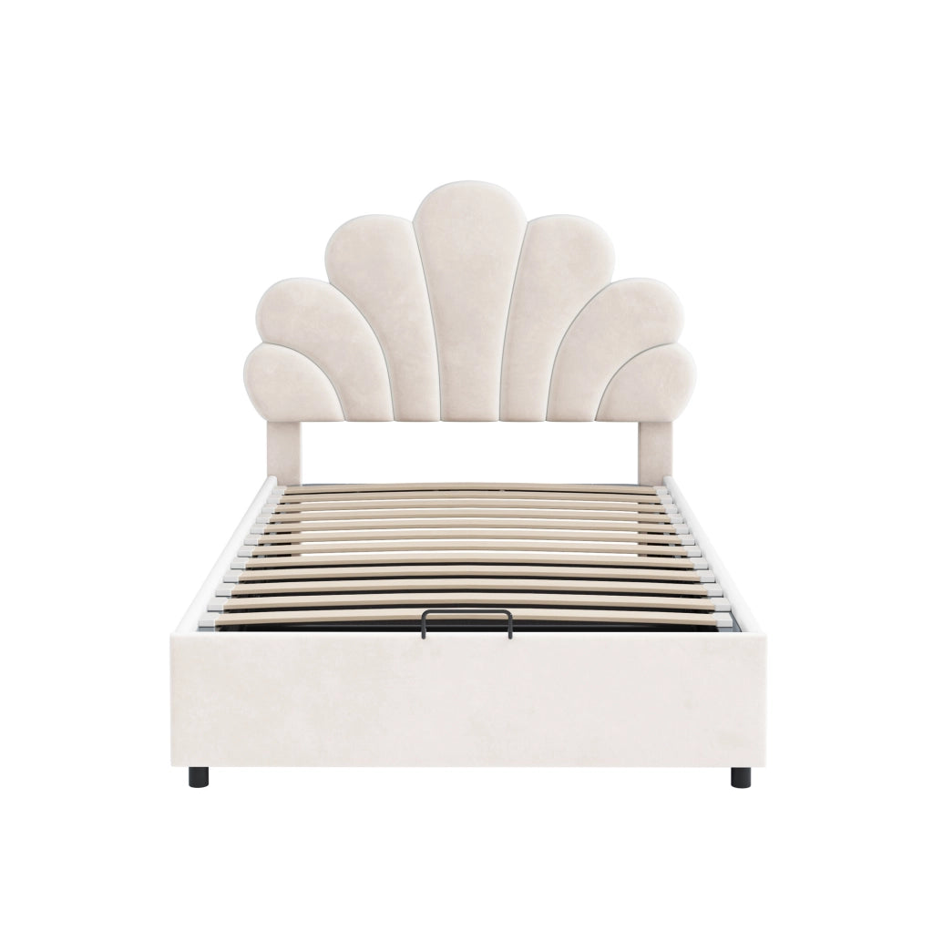 Letto singolo imbottito 90x200 cm con contenitore idraulico e rete a doghe; beige