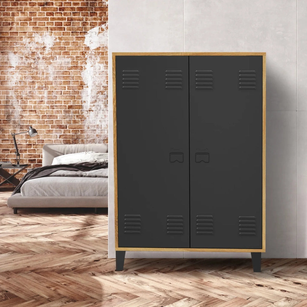IDMarket - ESTER Mueble de café de 2 puertas de metal negro con marco de madera de diseño industrial