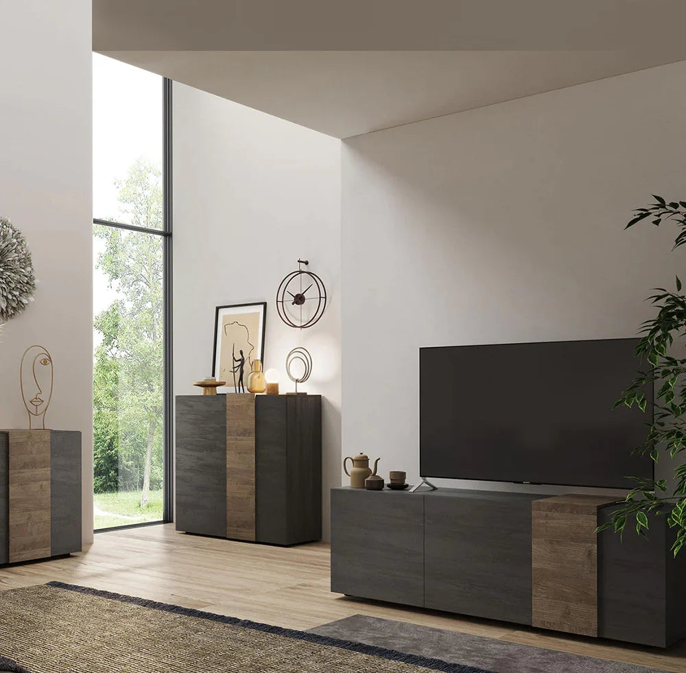 Vetrina a 2 Ante Linea Venus L 121 Cm x H 168 Cm x P 44 Cm, realizzata in legno 100% MADE IN ITALY, design moderno per cucina, sala da pranzo, soggiorno, colore Titanio/Mercure