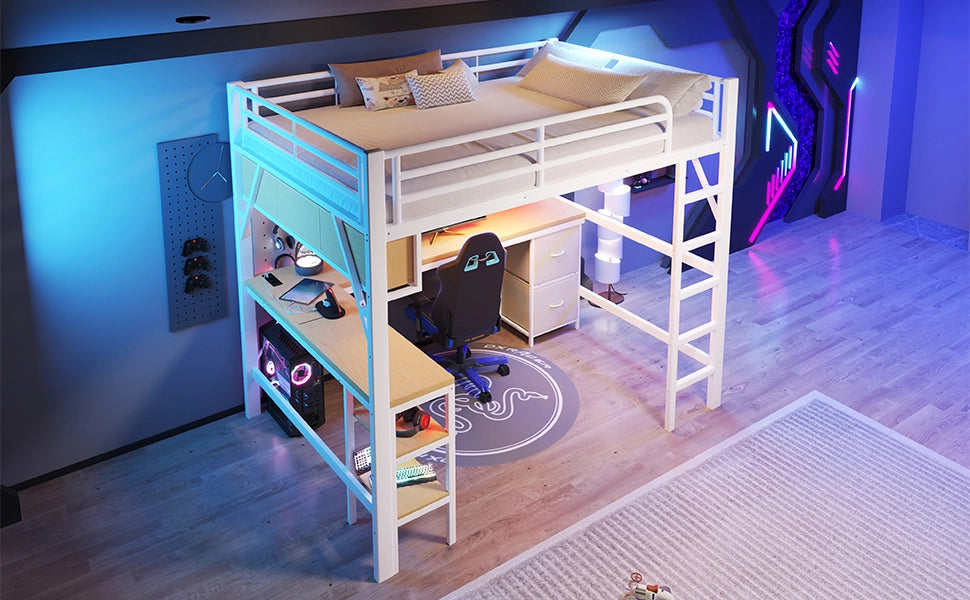 LETTO a soppalco 140x200 cm in metallo e MDF bianco con scrivania, libreria, LED e USB