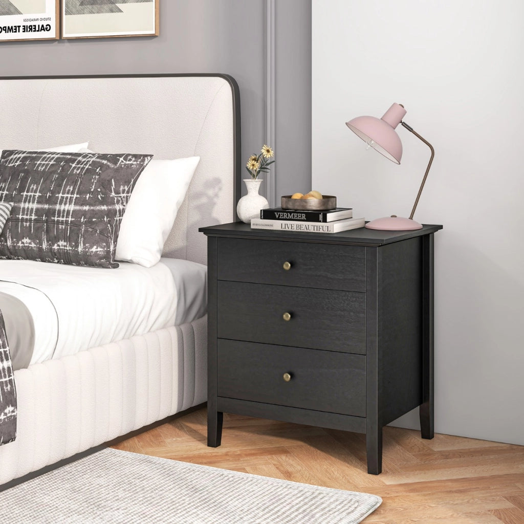 Comodino a 3 cassetti in legno con ripiani-Tavolino da notte moderno con finitura in legno per camera da letto Nero