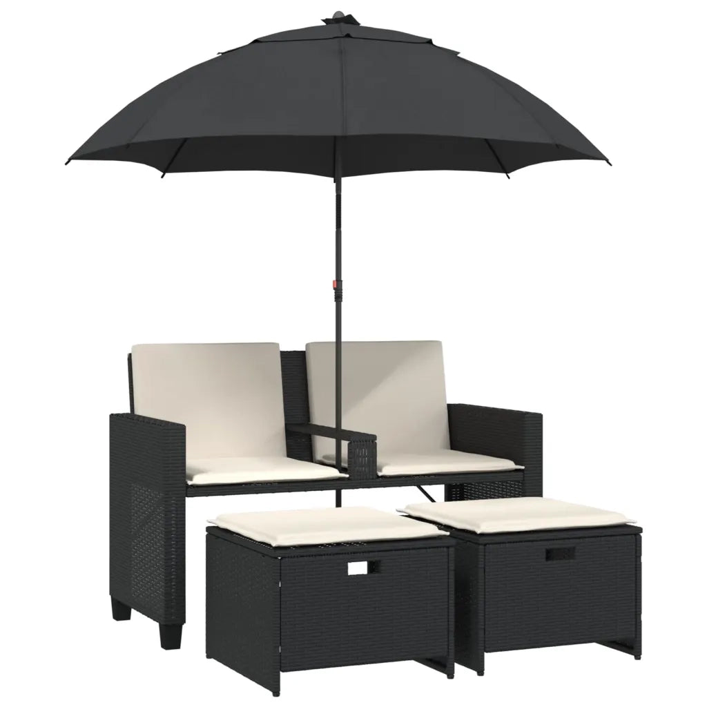 Divano Giardino 2 Posti-Sofa da Giardino-Divanetto da esterno Ombrellone e Sgabelli Nero Polyrattan 231656