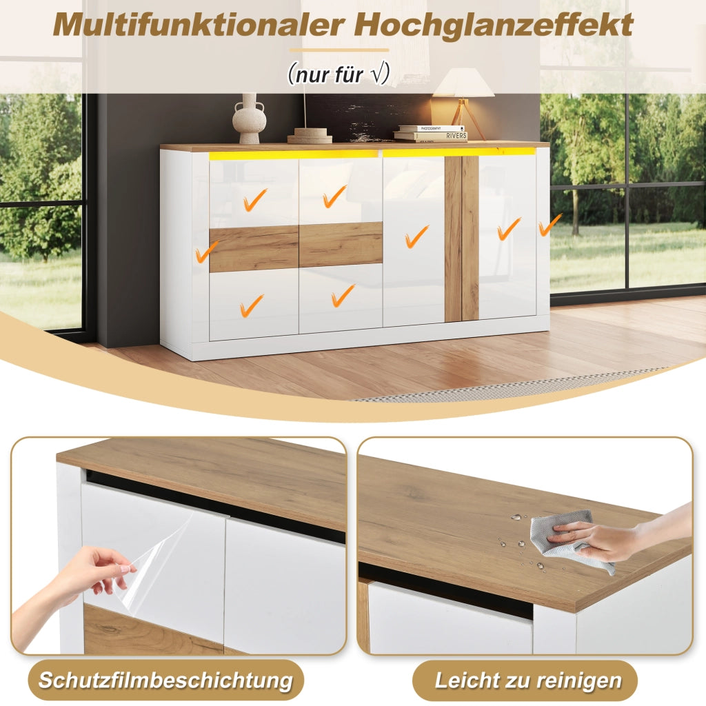 Credenza e madia con 4 ante, ripiani regolabili e LED RGB, per soggiorno e ingresso, in MDF, bianco, 140 × 35 × 70 cm