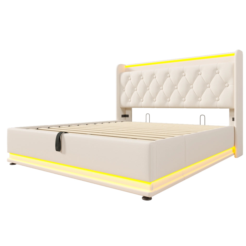 Letto imbottito 140x190 cm con LED, contenitore idraulico e USB-C in PU bianco