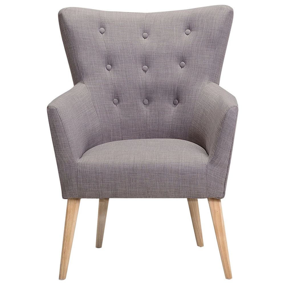 Poltrona Rivestimento In Tessuto Grigio Con Bottoni Gambe In Legno Stile Retrò