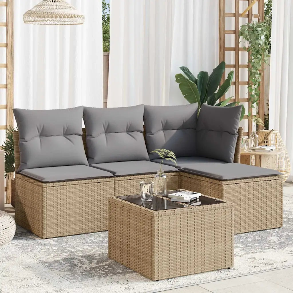 Set Divano da Giardino 5 pz | Set Salotto da Giardino con Cuscini Beige in Polyrattan