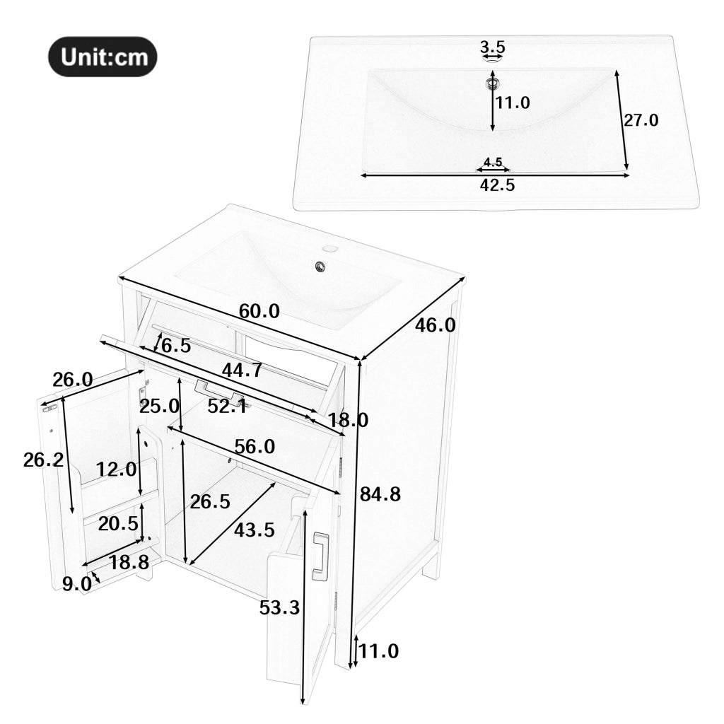 Mobile bagno freestanding con lavabo in ceramica, 60 x 46 x 84,8 cm, grigio