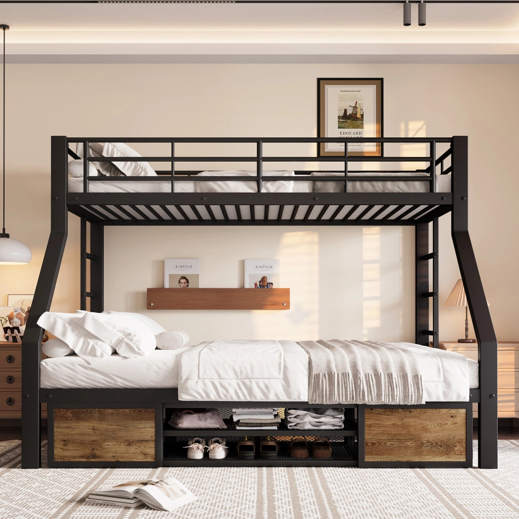 Letto a castello 90×200 cm e 140×200 cm con scarpiera e vani portaoggetti; senza materasso; nero