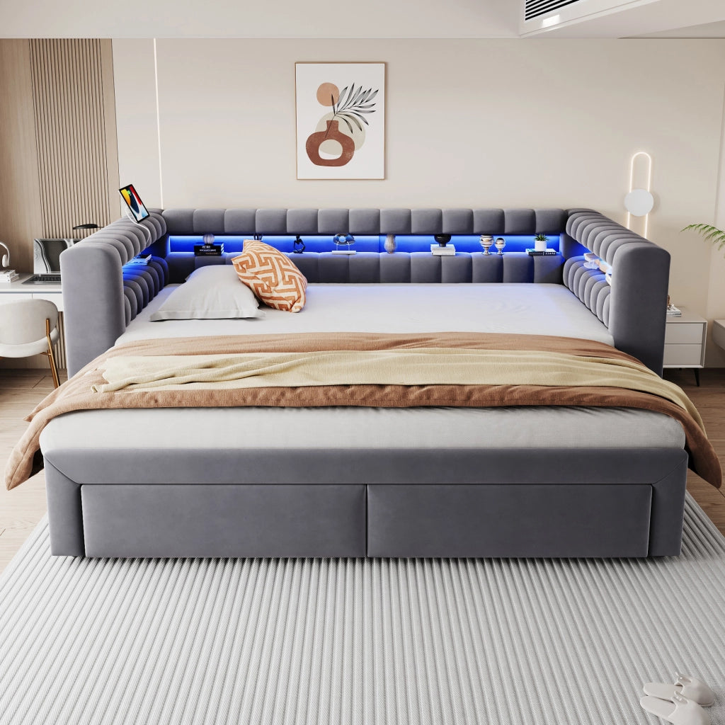 Letto estraibile 90 × 190 cm con 2 cassetti, vani contenitore, LED, USB e Type-C, senza materasso, in velluto, grigio scuro