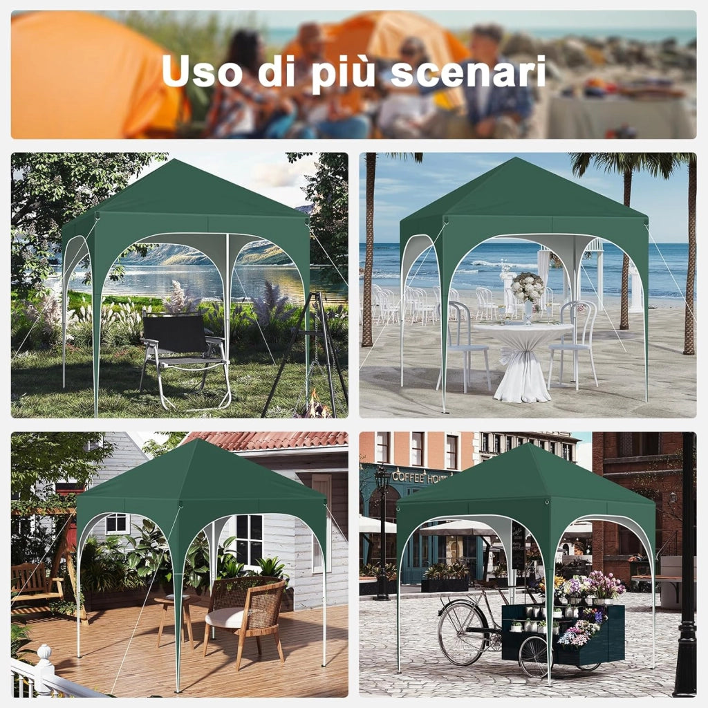 Gazebo Pieghevole 2x2m con 4 Pareti Rimovibili - Protezione Solare UPF 50+, Struttura Metallica Anti-Vento, 3 Regolazioni Altezza, Tendone da Giardino/Campeggio/Spiaggia - Verde