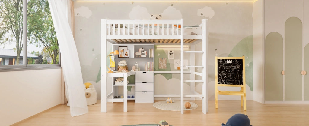 DESMIU Letto a soppalco singolo con scrivania, 3 cassetti e ripiani 90 × 200 cm  senza materasso bianco