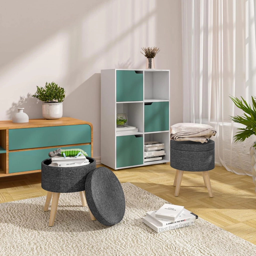 Set di 2 Pouf Contenitore Sgabello Basso Sedia Rotonda Poggiapiedi Gambe in Legno Grigio Scuro