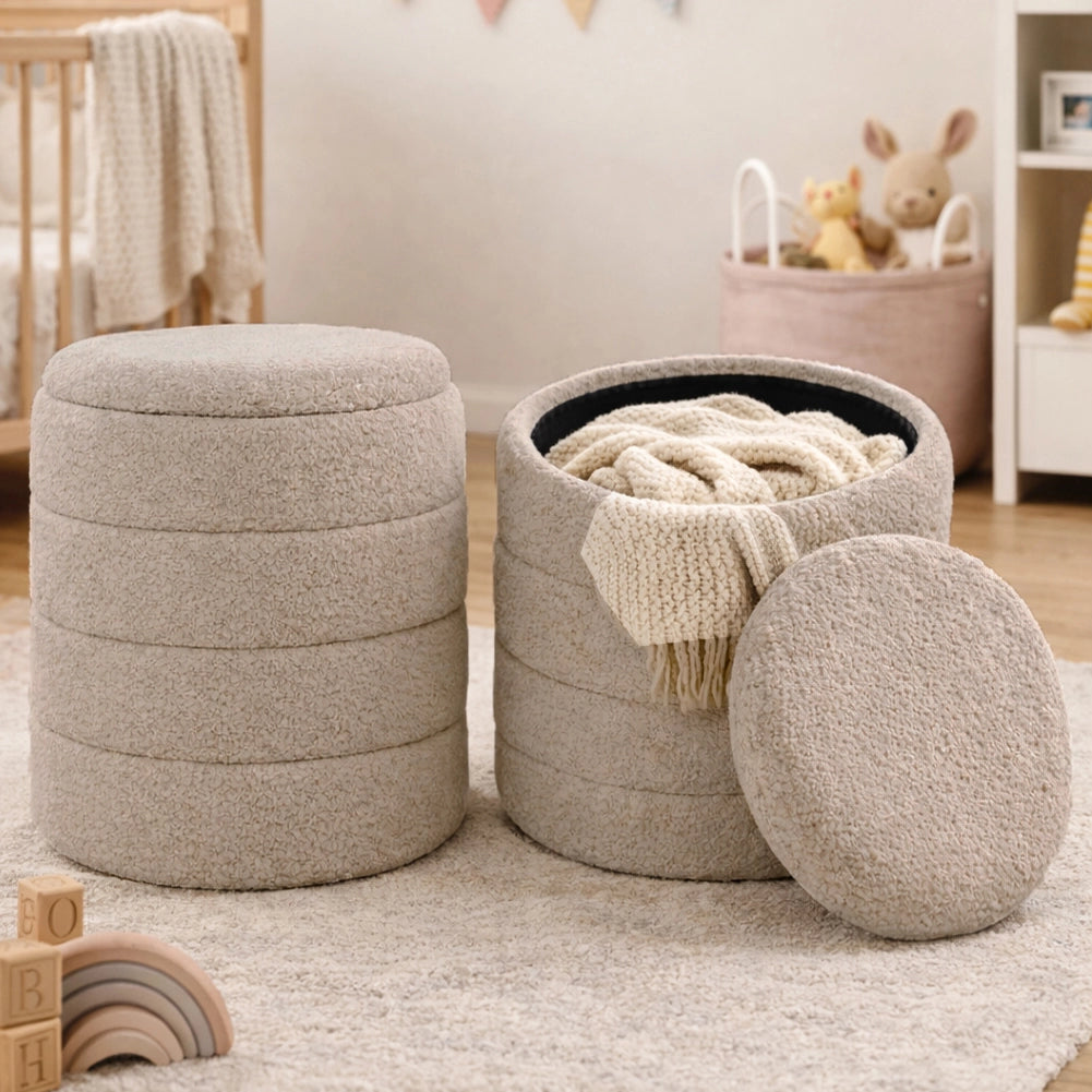 Set 2 Pouf Contenitori Rivestimento Bounclè Beige Seduta Imbottita Ergonomica