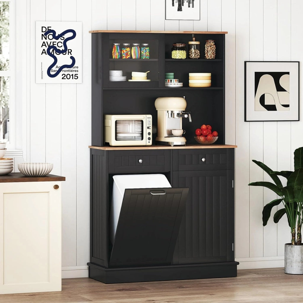 Credenza Alta da Cucina con Supporto per Bidoni della Spazzatura, Mobile Cucina Dispensa con Piano di Lavoro in Legno di Gomma, 2 Cassetti, Armadietto Buffet con Ripiani Regolabili (Nero)