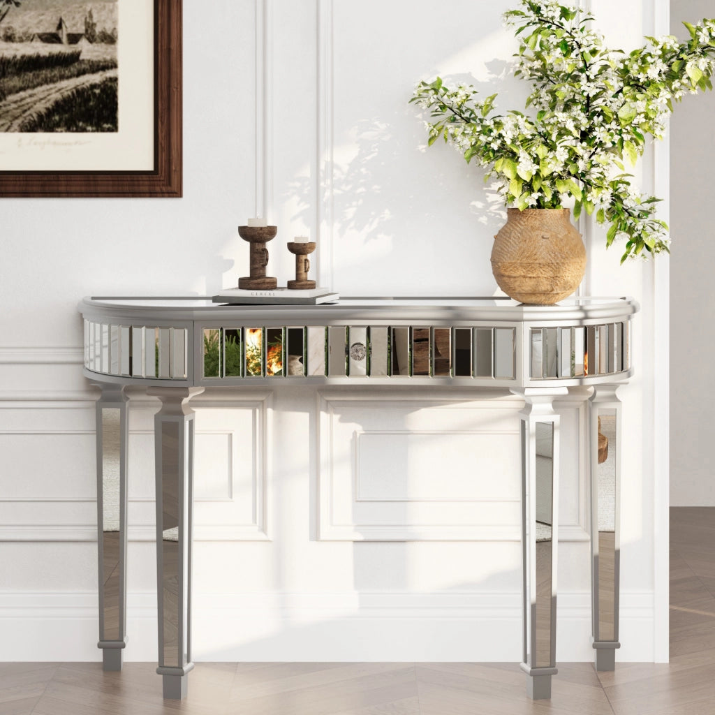 TAVOLO CONSOLLE MEZZALUNA 120 cm Grigio Argento in MDF e Vetro con Cassetto