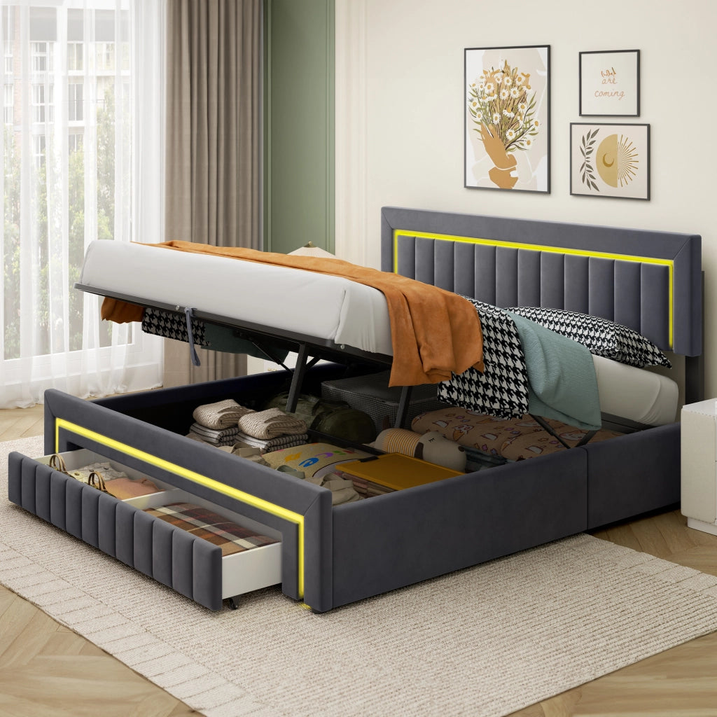 LETTO Imbottito 180x200 cm in Velluto Grigio Scuro con LED e Cassetti