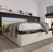 Letto matrimoniale imbottito 160x200 cm con contenitore; LED e rete ribaltabile; bianco in PU