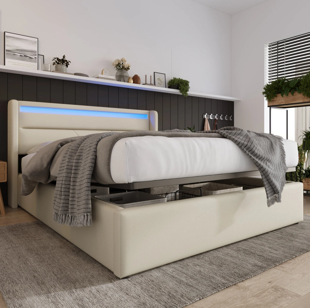 Letto matrimoniale imbottito 160x200 cm con contenitore; LED e rete ribaltabile; bianco in PU