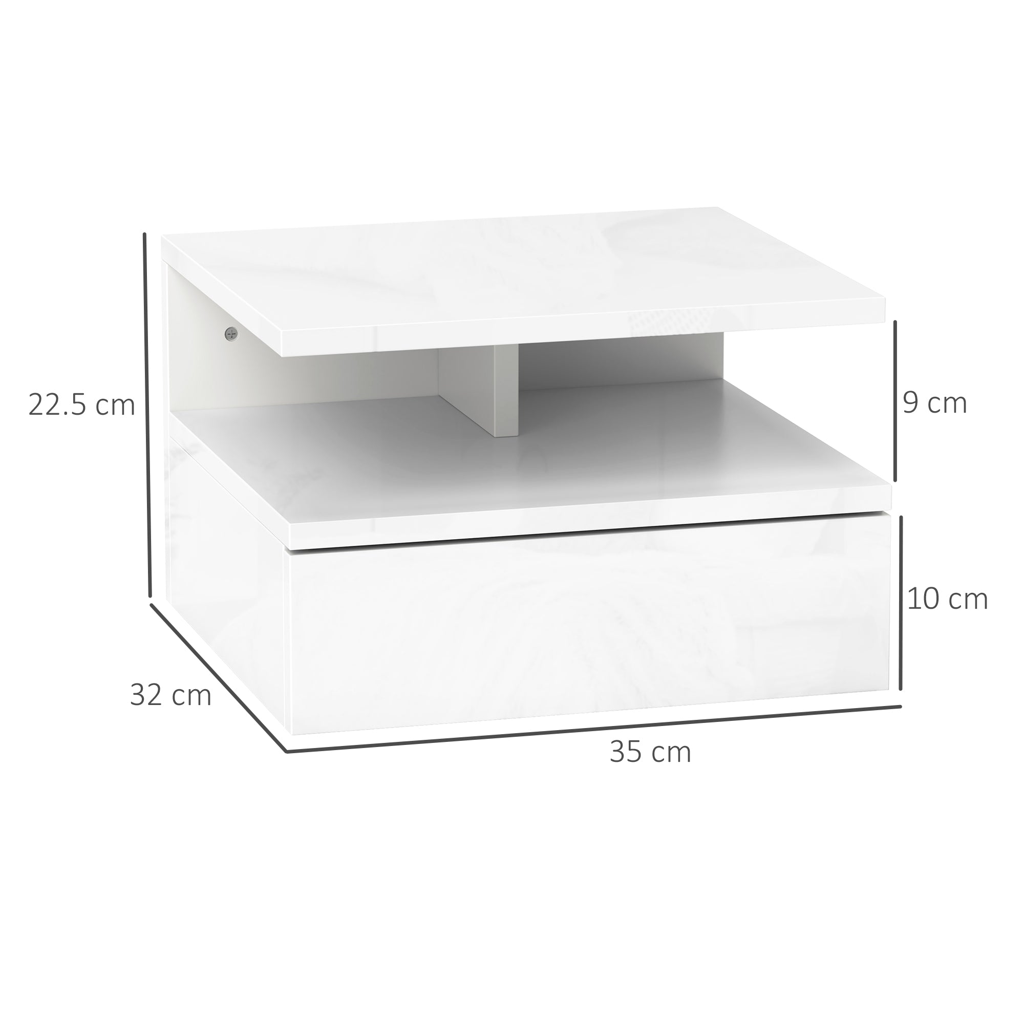 Comodino Sospeso 35x32x22,5 cm con Cassetto e Ripiano Aperto in Legno Bianco