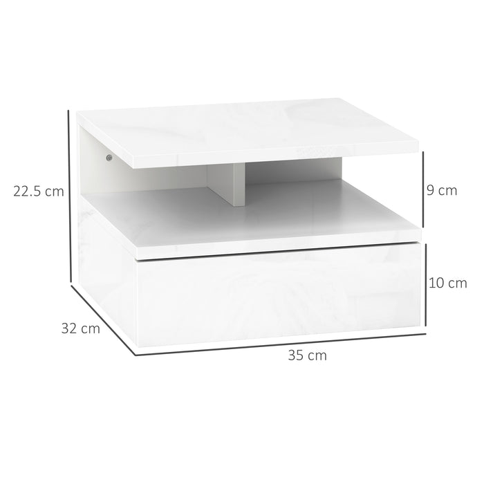 Comodino Sospeso 35x32x22,5 cm con Cassetto e Ripiano Aperto in Legno Bianco