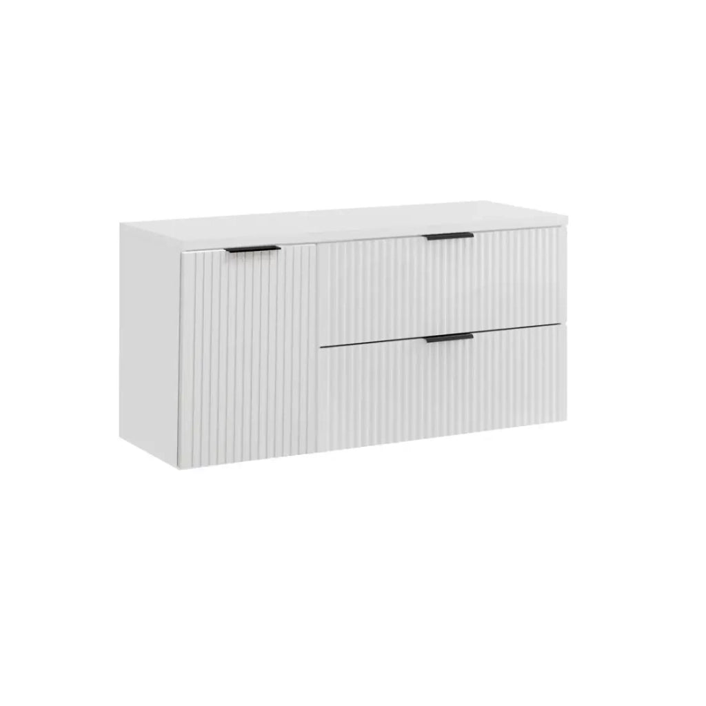 Set da bagno NOXERA 120 cm – Mobile sottolavabo sospeso bianco opaco con piano per lavabo e cesto per la biancheria