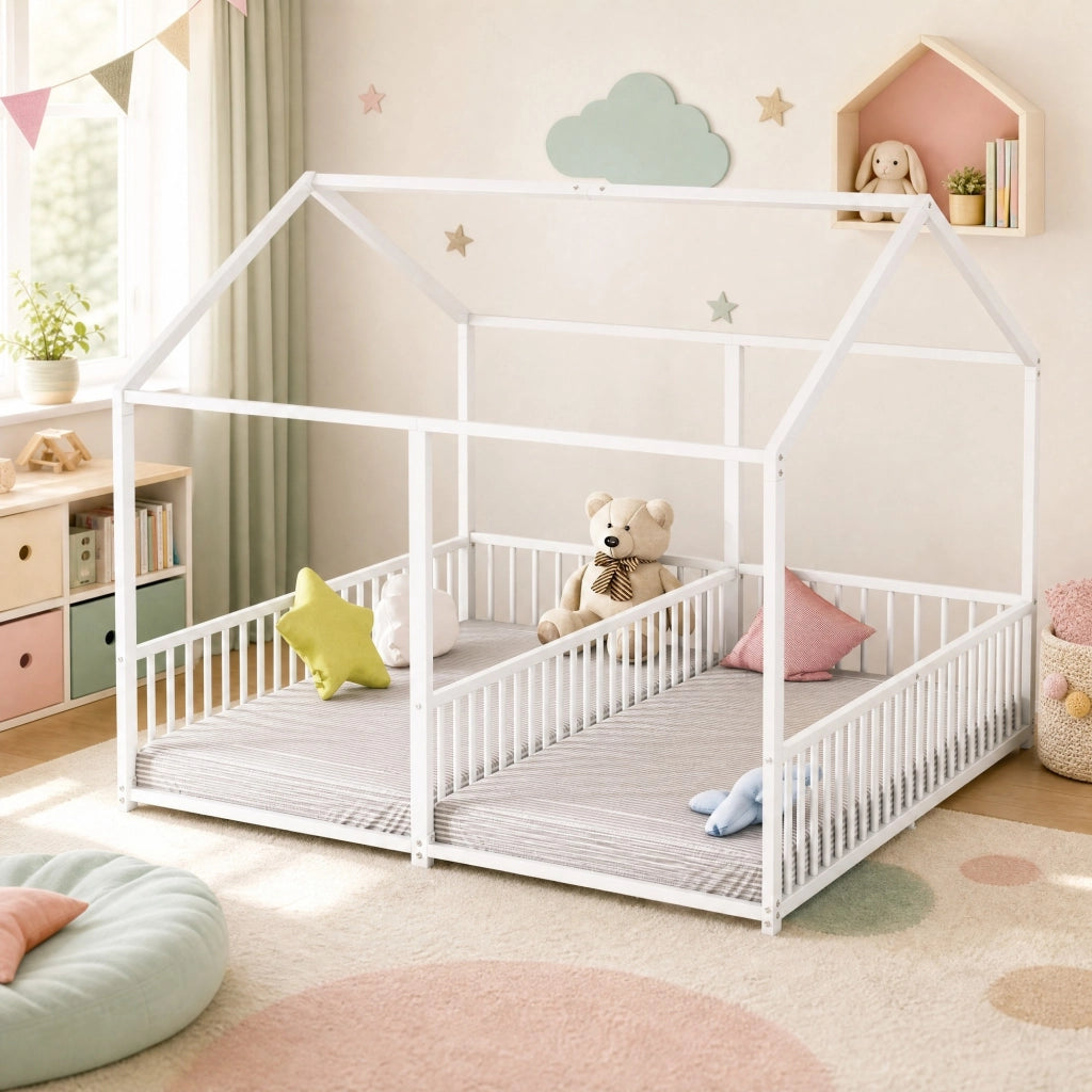 Letto a soppalco in metallo per bambini 90x200 cm, struttura in ferro, bianco, con sponde e scala, senza materasso