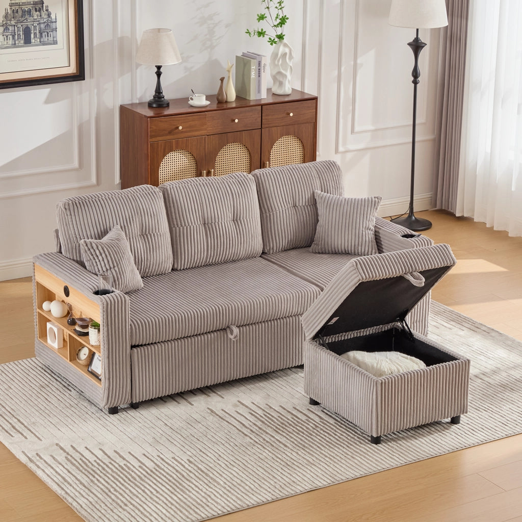 DIVANO LETTO 196 cm in tessuto corduroy grigio chiaro con USB-C e LED